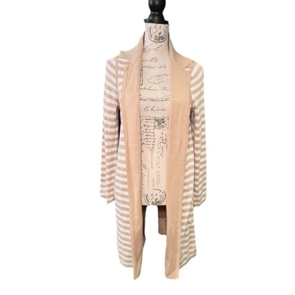 Chico's Open Reversible Long Cardigan Women's Sz 8 Tan White Stripe/Tan NWT $119